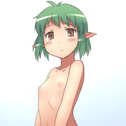 Rule 34 | 1girl, aaaa (quad-a), bad id, bad pixiv id, blush, brown eyes, casual peeing, elf, flat chest, green hair, nipples, original, petite, pointy ears, short hair, simple background, solo, white background