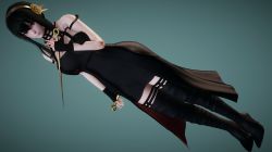 Rule 34 | 1girl, 3d, black dress, black gloves, black hair, black thighhighs, boots, breasts, dagger, dress, fingerless gloves, full body, gloves, gold hairband, grey background, hairband, highres, holding, holding weapon, knife, large breasts, red eyes, solo, spy x family, standing, stiletto (weapon), thighhighs, weapon, yor briar