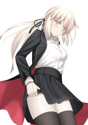 Rule 34 | 1girl, absurdres, artoria pendragon (all), artoria pendragon (fate), black jacket, black skirt, blonde hair, breasts, fate/grand order, fate (series), hair ribbon, highres, jacket, long hair, long sleeves, longdq3008, looking at viewer, low ponytail, medium breasts, open clothes, open jacket, ribbon, saber alter, sidelocks, skirt, solo, thighhighs, thighs, white background, yellow eyes