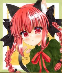 Rule 34 | 1girl, animal ears, black bow, bow, braid, cat ears, cat tail, hair bow, kaenbyou rin, looking at viewer, multiple tails, red eyes, red hair, shikishi, signature, solo, tail, touhou, traditional media, twin braids, two tails, yellow background, zenra1112
