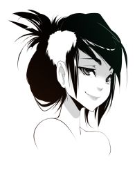 Rule 34 | 1girl, greyscale, hair ornament, hairpin, lips, monochrome, obj shep, ponytail, portrait, self-portrait, shaded face, short hair, simple background, smile, solo, upper body, white background