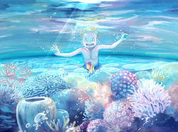 Rule 34 | 1boy, blonde hair, child, corral, fish, male focus, megatruh, missing tooth, ocean, one piece, sabo (one piece), topless male, solo, swimming, underwater, water