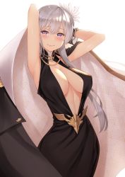 Rule 34 | 1girl, armpits, arms behind head, azur lane, black dress, black gloves, blush, breasts, center opening, cleavage, closed mouth, dress, enterprise (azur lane), enterprise (heroic finery) (azur lane), evening gown, feather hair ornament, feathers, gloves, hair ornament, highres, large breasts, long dress, long hair, looking at viewer, purple eyes, silver hair, smile, takurowo, very long hair