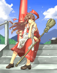 Rule 34 | 1girl, bad id, bad pixiv id, bare shoulders, bombomb25, bow, broom, brown eyes, brown hair, detached sleeves, female focus, hair between eyes, hair bow, hair tubes, hakurei reimu, hand on own chin, japanese clothes, long hair, miko, sitting, sitting on stairs, solo, stairs, touhou