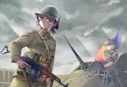 Rule 34 | 2girls, armored personnel carrier, armored vehicle, assault rifle, autocannon, blonde hair, blue eyes, bow, cannon, chain gun, commentary, flag, gun, hair bow, helmet, highres, holding, holding gun, holding weapon, infantry fighting vehicle, longmei er de tuzi, military, military uniform, motor vehicle, multiple girls, original, outdoors, pm md 63/65, rifle, romanian flag, romanian text, short twintails, silver hair, tab 77, trigger discipline, twintails, uniform, weapon