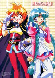 Rule 34 | 1990s (style), 2girls, araizumi rui, braid, canal vorfeed, cape, character name, creator connection, crossover, dress, finger to mouth, garter straps, gloves, green hair, hand on own hip, hayashibara megumi, highres, lina inverse, lost universe, multiple girls, official art, one eye closed, open mouth, orange hair, purple eyes, red eyes, retro artstyle, salute, slayers, thighhighs, twin braids, voice actor connection, white legwear, wink