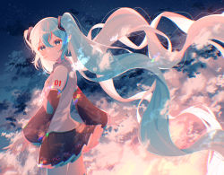 Rule 34 | 1girl, absurdly long hair, black skirt, black sleeves, blue eyes, blue hair, blue nails, blush, closed mouth, cowboy shot, detached sleeves, floating hair, grey shirt, hair between eyes, hair ornament, hatsune miku, highres, long hair, long sleeves, looking at viewer, miniskirt, nail polish, pleated skirt, shirt, skirt, sleeveless, sleeveless shirt, smile, solo, standing, twintails, twitter username, very long hair, vocaloid, y w uuu