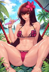 Rule 34 | absurdres, anklet, beach, beach towel, beach umbrella, bikini, blue sky, blush, bracelet, breasts, c.honey, cleavage, cliff, cloud, collarbone, day, fate/grand order, fate (series), fingernails, flower, gae bolg (fate), hair flower, hair ornament, hibiscus, highres, jewelry, large breasts, lens flare, light blush, long hair, looking at viewer, navel, ocean, outdoors, palm tree, pink bikini, pinky out, purple bikini, purple hair, rainbow, red eyes, scathach (fate), scathach (fate/grand order), scathach (swimsuit assassin) (fate), signature, sky, smile, solo, spread legs, sunlight, swimsuit, towel, tree, umbrella, water