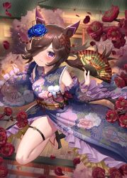 Rule 34 | 1girl, absurdres, animal ears, armpits, bare legs, blush, breasts, detached sleeves, fang, flower, geta, hair flower, hair ornament, hair over one eye, highres, horse ears, horse tail, japanese clothes, kimono, long hair, looking at viewer, low twintails, petals, rice shower (umamusume), small breasts, solo, tail, thighs, twintails, umamusume, wanderlucia