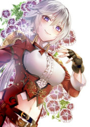 Rule 34 | 1girl, bad id, bad pixiv id, belt, closed mouth, dutch angle, flower, flower knight girl, frills, grey hair, long hair, looking at viewer, name connection, navel, object namesake, purple eyes, smile, solo, sweet william (flower knight girl), uehara (higanbachi), uniform, upper body