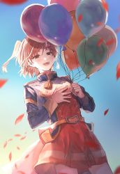 Rule 34 | 1girl, :d, aijou karen, backlighting, balloon, belt, blue jacket, blue sky, blurry, blurry foreground, blush, brown eyes, brown hair, buttons, commentary request, cowboy shot, dutch angle, epaulettes, falling petals, from below, gradient sky, hair between eyes, half-closed eyes, hand on own chest, hands up, high collar, highres, holding, holding balloon, jacket, long sleeves, looking at viewer, miniskirt, multicolored clothes, multicolored jacket, open mouth, outdoors, petals, red jacket, red skirt, short hair, shoujo kageki revue starlight, single stripe, skirt, sky, smile, solo, sorano (azu mine), standing, striped clothes, striped skirt, tassel, teeth, two side up, upper teeth only, waist cape, yellow belt