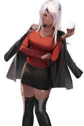 Rule 34 | 1girl, absurdres, alcohol, black skirt, black thighhighs, circlet, cup, cupping glass, dark-skinned female, dark skin, expressionless, guardian tales, highres, holding, holding cup, jacket, jacket on shoulders, jewelry, long hair, long sleeves, looking at viewer, mk87, pendant, princess aisha, purple eyes, red sleeves, simple background, skirt, swept bangs, thighhighs, white background, white hair