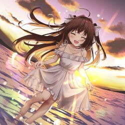 Rule 34 | 1girl, ^ ^, absurdres, ahoge, barefoot, breasts, brown hair, closed eyes, cloud, collarbone, crossed bangs, dress, dutch angle, facing viewer, foot up, frilled dress, frills, highres, lens flare, long hair, medium breasts, medium dress, off-shoulder dress, off shoulder, open mouth, original, sidelocks, skirt hold, smile, solo, spaghetti strap, sundress, sunset, two side up, unfinished, wading, yutuki ame