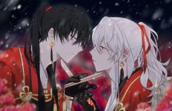 2boys black_gloves black_hair blurry blurry_background chinese_knot couple depth_of_field dress earrings face-to-face from_side gloves grey_eyes hand_fan heasun_00 holding holding_fan jewelry long_hair looking_at_another male_focus multiple_boys original ponytail profile red_dress red_eyes red_ribbon ribbon ribbon_hair tassel tassel_earrings white_eyes white_hair yaoi