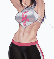 Rule 34 | 1girl, abs, alternate costume, alternate hair length, alternate hairstyle, armpits, arms up, black hair, breasts, han juri, head out of frame, highres, light smile, midriff, navel, obscured, pants, sleeveless, solo, street fighter, street fighter v, stretching, striped clothes, striped pants, sweatpants, white background, zenkiro