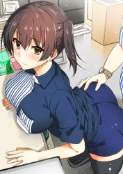 Rule 34 | 10s, 1girl, ass, ass grab, b-ginga, blush, breasts, brown eyes, brown hair, employee uniform, eyebrows, grabbing, grabbing another&#039;s ass, grabbing from behind, groping, huge ass, jewelry, kaga (kancolle), kantai collection, large breasts, lawson, leaning forward, long hair, male hand, ring, side ponytail, solo focus, thighhighs, uniform, wedding band, wide hips, zettai ryouiki