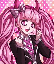 Rule 34 | 1girl, arms up, black jacket, blush, bow, child, collared shirt, danganronpa (series), danganronpa another episode: ultra despair girls, fake horns, hairband, hands up, headband, horned headwear, horns, jacket, long hair, long sleeved jacket, long sleeves, looking at viewer, matching hair/eyes, open mouth, pink background, pink eyes, pink hair, pink hairband, pink headband, pink headwear, pink horns, polka dot, polka dot background, polka dot bow, safety pin, shirt, simple background, teeth, tongue, twintails, upper teeth only, utsugi kotoko, white background, white shirt