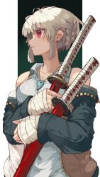 Rule 34 | 1girl, absurdres, bandaged hand, bandages, bare shoulders, blue jacket, braid, collared shirt, highres, holding, holding sword, holding weapon, jacket, katana, looking to the side, off shoulder, original, red eyes, shirt, side braid, sleeveless, sleeveless shirt, solo, sword, upper body, weapon, white hair, white shirt, yunimaru
