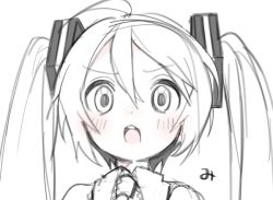 Rule 34 | 1girl, ahoge, bare shoulders, blush, collar, commentary, frilled collar, frills, hair between eyes, hair ornament, hatsune miku, lineart, long hair, looking at viewer, monochrome, nattu bon, necktie, open mouth, portrait, shirt, sketch, sleeveless, sleeveless shirt, solo, spot color, translated, twintails, v-shaped eyebrows, vocaloid, white background
