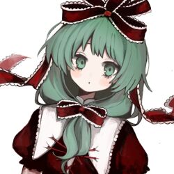 Rule 34 | 1girl, bow, frilled bow, frilled ribbon, frills, front ponytail, green eyes, green hair, kagiyama hina, looking at viewer, mei si, puffy short sleeves, puffy sleeves, red bow, red ribbon, ribbon, short sleeves, solo, touhou, white background