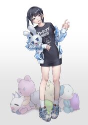 Rule 34 | 1girl, black shirt, blue jacket, commentary, full body, grey eyes, highres, holding, holding stuffed toy, jacket, leaning to the side, looking at viewer, open mouth, original, print shirt, see-through, see-through jacket, shibata ico, shirt, shoes, simple background, sneakers, socks, solo, standing, stuffed animal, stuffed dog, stuffed rabbit, stuffed toy, teddy bear, twintails, white background