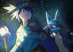 Rule 34 | 1boy, belt, belt pouch, black headwear, blue eyes, blue gloves, closed mouth, creatures (company), game freak, gen 4 pokemon, gloves, hair between eyes, hand up, hat, hat ribbon, lucario, male focus, nintendo, pokemon, pokemon: lucario and the mystery of mew, pokemon (anime), pokemon (creature), pokemon rse (anime), pouch, ribbon, sir aaron, smile, spiked hair, split mouth, staff, twitter username, yamanashi taiki, yellow fur