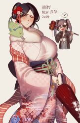 Rule 34 | 2024, 2girls, 50x48x48, :d, alternate costume, alternate hairstyle, black hair, black kimono, black ribbon, bleach, bleach: sennen kessen-hen, blood, bloody weapon, blue eyes, blush, blush stickers, chibi, chibi inset, chinese zodiac, closed mouth, commentary, cropped legs, dated, dragon horns, embarrassed, feet out of frame, floral print, flower, frown, furisode, hair bun, hair flower, hair ornament, hair ribbon, half-closed eyes, hammer, happy new year, highres, holding, holding hammer, holding umbrella, horns, japanese clothes, kanzashi, kimono, long hair, long sleeves, looking at viewer, minazuki (shikai), multiple girls, musical note, new year, oil-paper umbrella, open clothes, open kimono, open mouth, parted bangs, pink kimono, print kimono, purple eyes, purple hair, raised eyebrows, red flower, ribbon, saitou furoufushi, single hair bun, smile, solo focus, speech bubble, spoken musical note, standing, tongue, tongue out, twintails, twitter username, umbrella, unohana retsu, v-shaped eyebrows, weapon, wide sleeves, year of the dragon