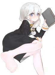 Rule 34 | black dress, blue eyes, book, closed mouth, dokomon, dress, feet out of frame, hair between eyes, highres, holding, holding book, honkai (series), honkai impact 3rd, knees together feet apart, long hair, long sleeves, looking at viewer, lying, no shoes, on side, pantyhose, simple background, soles, theresa apocalypse, theresa apocalypse (valkyrie pledge), white background, white hair, white pantyhose