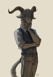 Rule 34 | 1boy, artist name, beastars, black necktie, blue vest, closed mouth, collared shirt, commentary, cowboy shot, curled horns, dated, english commentary, furry, furry male, grey hair, hair between eyes, hand on own neck, hand up, horns, lemoneto, light smile, looking at viewer, necktie, pants, pina (beastars), school uniform, sheep boy, shirt, simple background, sleeves rolled up, solo, tail, vest, white shirt