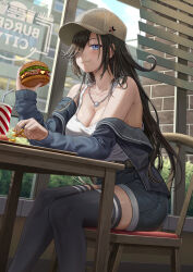 Rule 34 | 1girl, :t, baseball cap, black hair, black thighhighs, blue eyes, breasts, burger, cleavage, closed mouth, commentary, commission, cup, disposable cup, eating, food, french fries, hair over one eye, hat, heterochromia, highres, holding, holding food, indoors, jacket, jewelry, large breasts, long hair, necklace, off shoulder, restaurant, short shorts, shorts, silvertsuki, sitting, solo, tank top, tatakau ataisuru, thighhighs, white tank top, window, yellow eyes, zara moussa