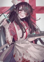 Rule 34 | 1girl, :d, absurdres, apron, bandaged arm, bandages, black hair, blood, blood on clothes, blue skirt, bottle, breasts, commentary, cowboy shot, danganronpa (series), danganronpa 2: goodbye despair, english commentary, eyepatch, hair ornament, hat, heart, heart-shaped pupils, highres, holding, holding syringe, holding tray, long hair, looking at viewer, medium breasts, monokuma, nurse, nurse cap, open mouth, pink shirt, pleated skirt, puffy short sleeves, puffy sleeves, purple eyes, purple hair, remonoart, shirt, short sleeves, skirt, smile, solo, symbol-shaped pupils, syringe, tray, tsumiki mikan, white apron