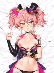 Rule 34 | 10s, 1girl, bare shoulders, bed sheet, black gloves, black panties, blush, bow, breasts, breasts out, choker, cleavage, dakimakura (medium), earrings, eyelashes, fingerless gloves, from above, gloves, hair bow, hat, heart, idolmaster, idolmaster cinderella girls, jewelry, jougasaki mika, large breasts, looking at viewer, lying, mini hat, mini top hat, nail polish, navel, nipples, no bra, on back, open clothes, open shorts, panties, pink hair, short shorts, shorts, smile, solo, top hat, twintails, underwear, yd (orange maru), yellow eyes