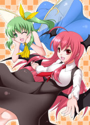 Rule 34 | 2girls, :d, ;d, adapted costume, ahoge, bat wings, black dress, blue dress, breasts, checkered background, daiyousei, dress, dress shirt, embodiment of scarlet devil, fairy wings, female focus, genjuu rou, green eyes, green hair, halftone, hands on own cheeks, hands on own face, head rest, head wings, koakuma, large breasts, long hair, low wings, multiple girls, necktie, one eye closed, open mouth, outstretched arm, red eyes, red hair, red necktie, shirt, side ponytail, sleeveless, smile, touhou, very long hair, wings, wink