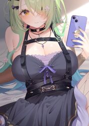 Rule 34 | 1girl, bare shoulders, black dress, blush, breasts, ceres fauna, ceres fauna (goth), cleavage, closed mouth, commentary, deyui, dress, goth fashion, green hair, hair over one eye, highres, holding, holding phone, hololive, hololive english, large breasts, long hair, looking at viewer, mole, mole under eye, official alternate costume, phone, sleeveless, sleeveless dress, solo, symbol-only commentary, virtual youtuber, yellow eyes