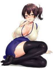 Rule 34 | 10s, 1girl, arm support, black thighhighs, blue skirt, blue tasuki, blush, breasts, brown eyes, brown hair, cleavage, female focus, frown, full body, hand to own mouth, huge breasts, japanese clothes, kaga (kancolle), kantai collection, keita (tundereyuina), looking at viewer, no shoes, side ponytail, simple background, sitting, skirt, solo, sweat, tasuki, thighhighs, white background, zettai ryouiki