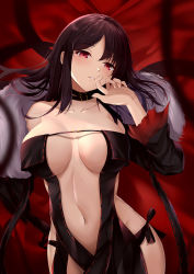 Rule 34 | 1girl, absurdres, black choker, black dress, black hair, black jacket, breasts, brown hair, center opening, choker, cleavage, cowboy shot, dress, fate/grand order, fate (series), fur-trimmed jacket, fur trim, highres, jacket, large breasts, long hair, lying, navel, on back, open clothes, panties, parted bangs, red background, red eyes, revealing clothes, san zhi chun, side-tie panties, sidelocks, solo, strapless, strapless dress, underwear, very long hair, yu mei-ren (fate)