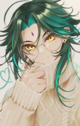 Rule 34 | 1boy, ahoge, alternate costume, aqua hair, closed mouth, diamond (shape), ear piercing, eyeliner, genshin impact, glasses, green hair, grey background, hair between eyes, hand up, heart, highres, long sleeves, looking at viewer, makeup, male focus, miyumiyu nu, multicolored hair, piercing, puffy long sleeves, puffy sleeves, red eyeliner, short hair, sidelocks, simple background, smile, solo, sweater, symbol-shaped pupils, turtleneck, two-tone hair, upper body, v-shaped eyebrows, white sweater, xiao (genshin impact), yellow eyes
