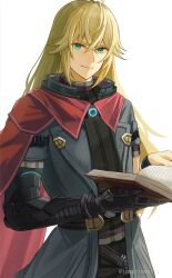 Rule 34 | 1boy, blonde hair, blue eyes, book, cape, closed mouth, coat, commentary request, crossed bangs, grey coat, highres, holding, holding book, long hair, looking at viewer, male focus, mechanical arms, red cape, shulk (xenoblade), simple background, single mechanical arm, smile, solo, tomorimoriri, white background, xenoblade chronicles (series), xenoblade chronicles 3, xenoblade chronicles 3: future redeemed