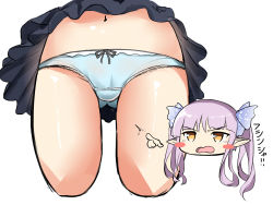 Rule 34 | 1girl, blue bow, blue panties, blush stickers, bow, bow panties, brown eyes, chibi, chibi inset, cropped torso, gluteal fold, hair between eyes, hair bow, highres, kyoka (princess connect!), long hair, moyoron, navel, open mouth, panties, pointing, princess connect!, purple hair, simple background, tears, translation request, twintails, underwear, v-shaped eyebrows, wavy mouth, white background