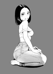 Rule 34 | 1girl, absurdres, bare shoulders, black hair, breasts, denim, foreshortening, from side, fukuhara takaya, full body, grey background, greyscale, hands on own thighs, highres, jeans, looking at viewer, medium breasts, medium hair, monochrome, pants, pocket, simple background, sitting, smile, solo, wariza