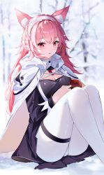 Rule 34 | 1girl, absurdres, animal ears, arknights, black dress, braid, cape, commentary, dress, feet out of frame, hairband, highres, long hair, long sleeves, looking at viewer, minus (minusminuscule), official alternate costume, pantyhose, parted lips, pink eyes, pink hair, pozyomka (arknights), pozyomka (snowy plains in words) (arknights), sitting, solo, symbol-only commentary, thigh strap, thighs, very long hair, white cape, white hairband, white pantyhose, wolf ears