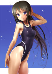 Rule 34 | 1girl, black hair, blue eyes, blush, breasts, competition swimsuit, cowboy shot, highleg, highleg swimsuit, katahira masashi, long hair, looking at viewer, one-piece swimsuit, original, outside border, small breasts, smile, solo, swimsuit