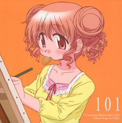 Rule 34 | 00s, album cover, blush, character single, cookie, cover, easel, eating, food, hidamari sketch, highres, hiro (hidamari sketch), mouth hold, non-web source, red eyes, scan, solo