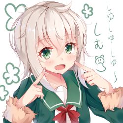 Rule 34 | 10s, 1girl, :d, blonde hair, fur trim, green eyes, green jacket, jacket, kantai collection, long sleeves, nahaki, open mouth, red ribbon, ribbon, shimushu (kancolle), short hair, smile, solo, translation request, white background