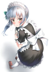 Rule 34 | 1girl, absurdres, alternate costume, apron, blush, brown eyes, brown footwear, enmaided, frilled apron, frilled sleeves, frills, grey hair, highres, kantai collection, kasumi (kancolle), long hair, maid, maid apron, maid headdress, nedia (nedia region), pantyhose, shoes, short sleeves, side ponytail, simple background, solo, white apron, white background, white pantyhose
