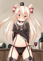 Rule 34 | 10s, 1girl, :o, amatsukaze (kancolle), black bow, black dress, black panties, blonde hair, blush, bottle, bow, bow panties, breasts, brown eyes, clothes lift, cowboy shot, cup, dress, drinking glass, drunk, garter straps, hair between eyes, hair tubes, hat, highres, indoors, kantai collection, lace, lace-trimmed panties, lace trim, lifted by self, long hair, long sleeves, looking at viewer, mini hat, mochiyuki, navel, nose blush, panties, parted lips, sailor collar, sailor dress, shirt lift, side-tie panties, sidelocks, small breasts, solo, thighs, tsurime, two side up, underwear, wine bottle, wine glass