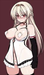 Rule 34 | 1girl, angry, babydoll, bare shoulders, blonde hair, blush, braid, breastless clothes, breasts, circlet, curvy, fingerless gloves, french braid, gloves, heart, heart tattoo, highleg, highleg panties, large breasts, lilia (null), long hair, looking at viewer, navel, null (nyanpyoun), original, panties, pasties, pubic tattoo, red eyes, see-through, solo, standing, sweatdrop, tattoo, thighhighs, underwear, wide hips