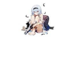 Rule 34 | 1girl, backpack, bag, bandaid, bare shoulders, black hairband, bullet, damaged, full body, girls&#039; frontline, gun, hair between eyes, hairband, handgun, holding, holding gun, holding weapon, legs, long hair, looking at viewer, nin (lion), official art, parted lips, pistol, red eyes, red ribbon, ribbon, scar, shirt, sitting, solo, thunder (girls&#039; frontline), torn clothes, torn shirt, transparent background, weapon
