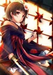 Rule 34 | 10s, 1girl, alternate costume, backlighting, bare shoulders, black hair, blue ribbon, blunt bangs, blurry, breasts, choker, closed mouth, cowboy shot, depth of field, eyelashes, floral print, flower, from below, hair flower, hair ornament, highres, holding, holding sword, holding weapon, japanese clothes, kimono, koutetsujou no kabaneri, lens flare, light particles, long sleeves, looking at viewer, mumei (kabaneri), off shoulder, ribbon, ribbon choker, sakura ani, sash, shade, short kimono, sliding doors, solo, sunlight, sword, topknot, untying, weapon, wide sleeves