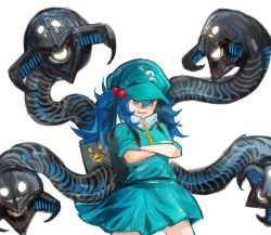 Rule 34 | 1girl, :d, backpack, bag, blue eyes, blue headwear, blue skirt, copyright request, cowboy shot, crossed arms, doctor octopus, fang, grin, highres, kawashiro nitori, marvel, mechanical tentacles, megame (okbnkn), miniskirt, open mouth, simple background, skirt, smile, solo, tentacles, touhou, white background